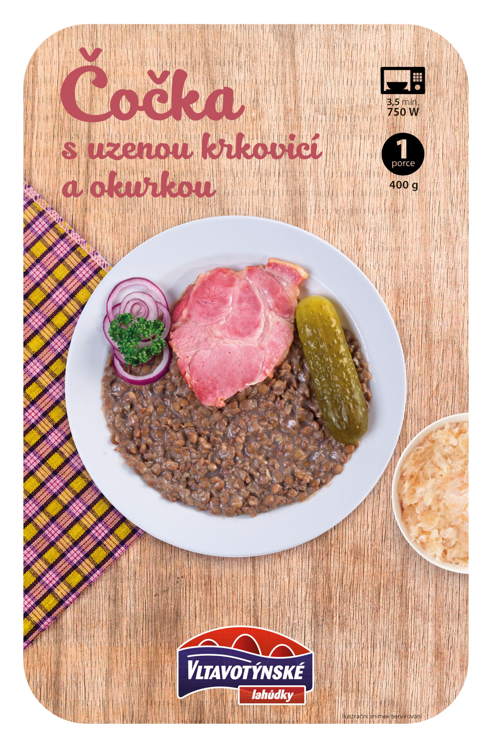 Čočka s uzenou krkovicí a okurkou